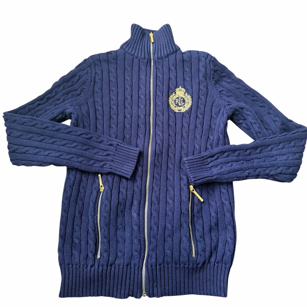 RALPH LAUREN Cable Knit Sweater Zip Up Classic Navy Blue Size Petite XS Women’s